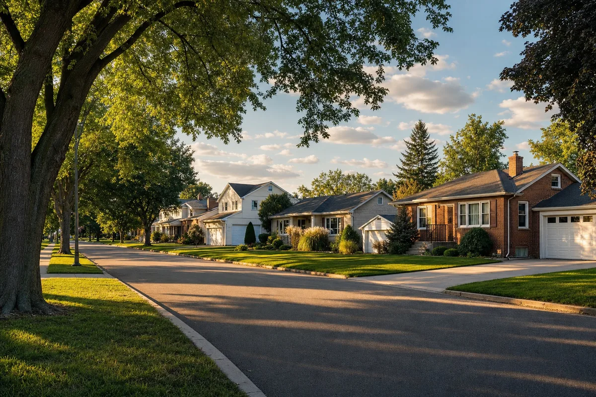 Maple-lined residential street of mixed-era homes with garages in DeKalb, Illinois