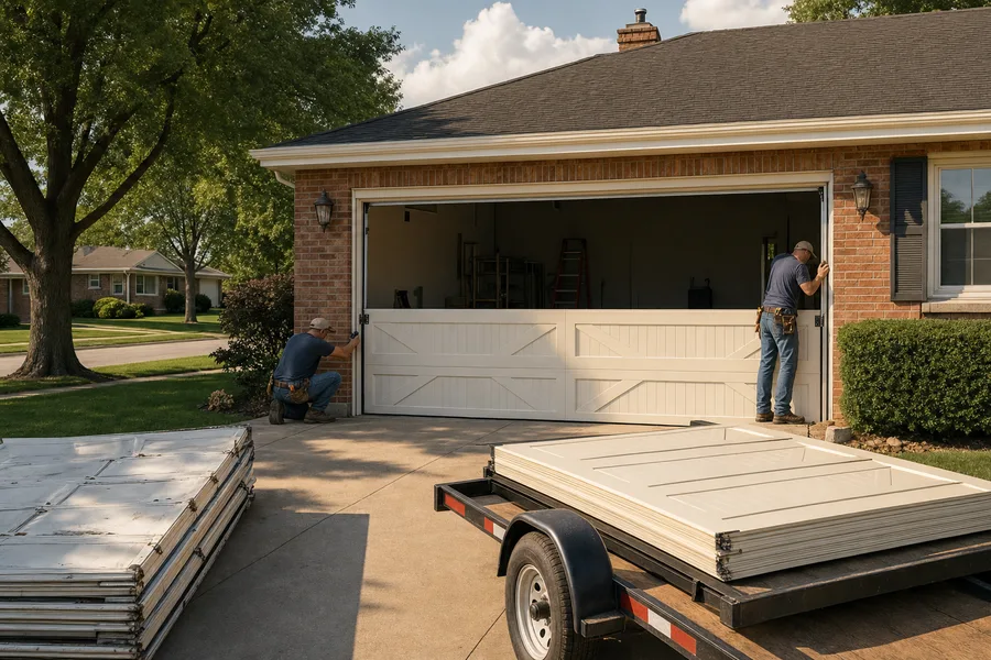 New garage door sections being installed in the tracks of a brick garage