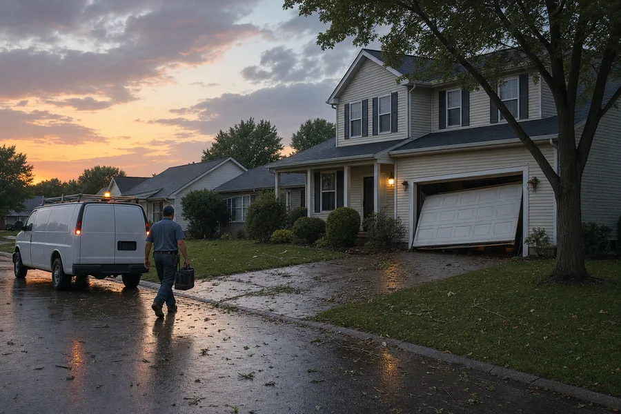 Garage door knocked crooked in its opening after an evening thunderstorm