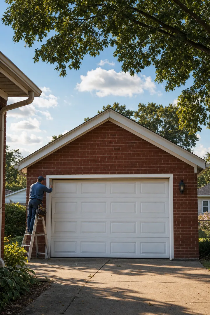 Technician on a stepladder checking a detached brick garage at the back of a shaded lot