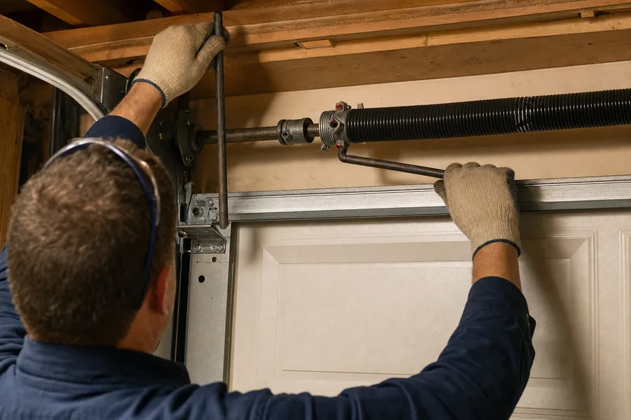 Technician fitting winding bars to a garage door torsion spring with the door closed