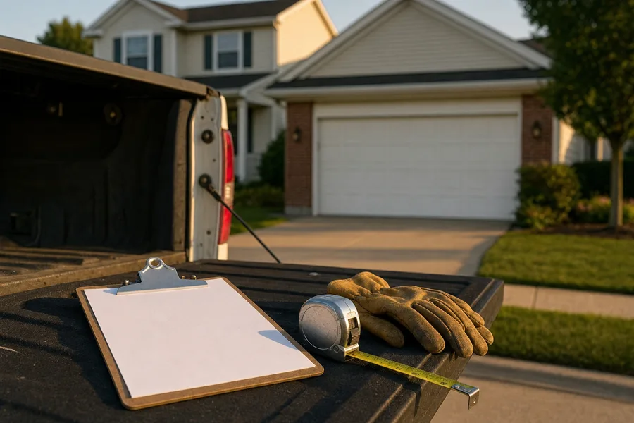 Estimate clipboard and tape measure resting on a truck tailgate